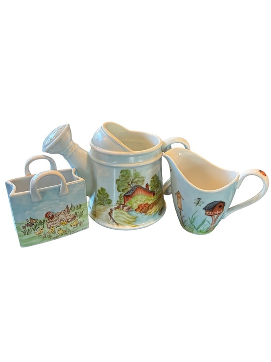 Other - 1999 Hand Painted Ceramic Tea Set Watering Can Pitcher Country Farmhouse
